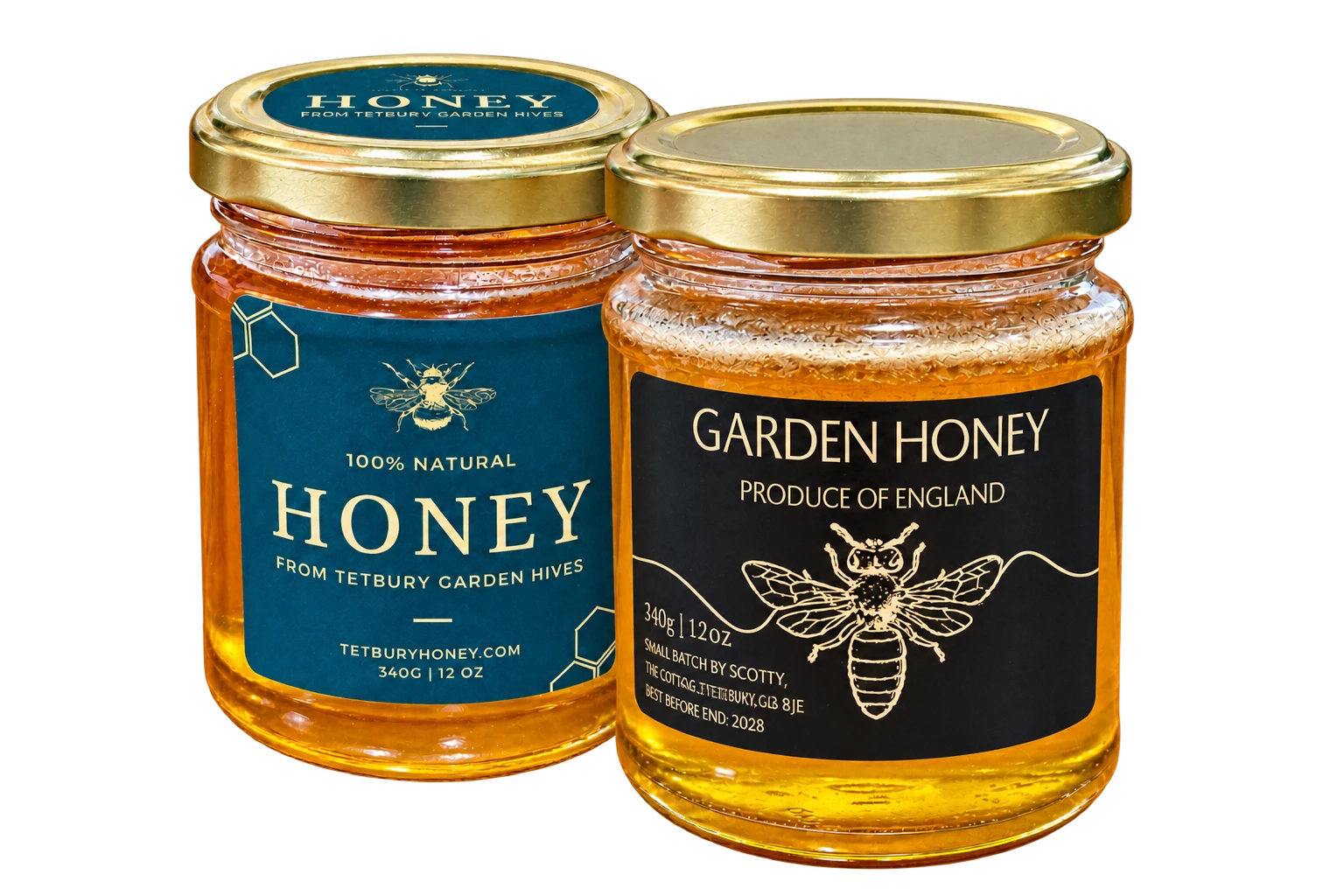 Scotty’s honey in green and black labels, with the black-label jar slightly in front